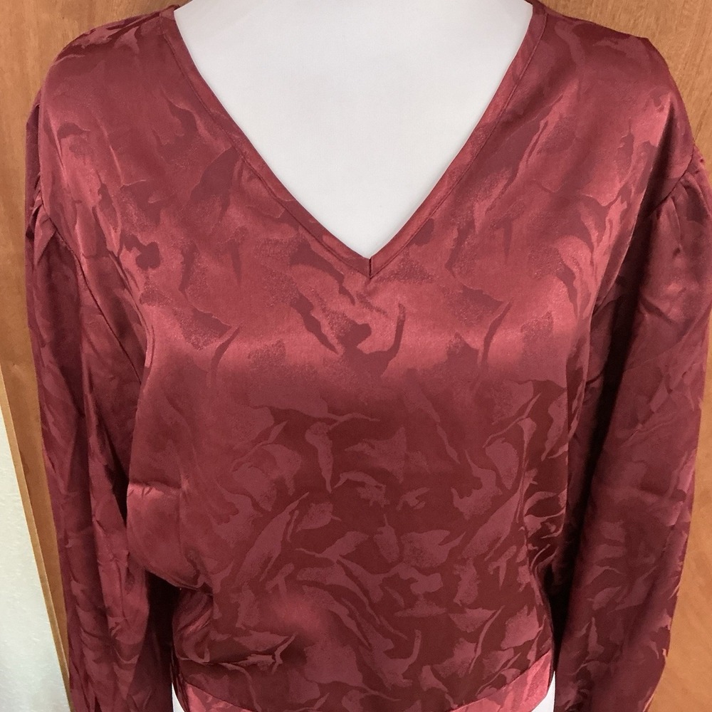 LUCCA Jacquard Satin Floral Wine Blouse Bow Tie M Coquette Fairy Dark Academia - Picture 5 of 15